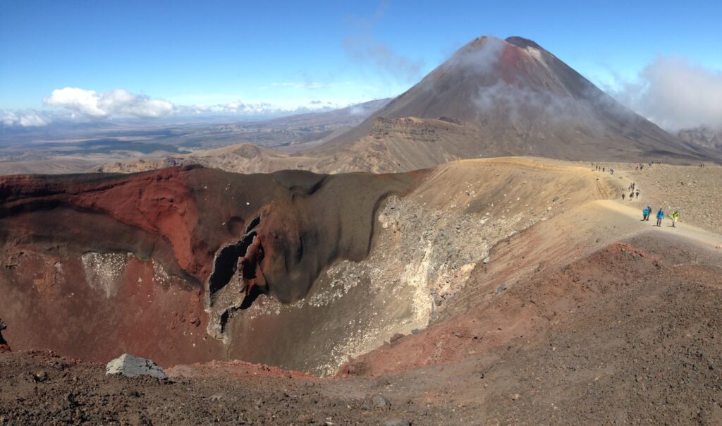 Hikers on the Tongariro Alpine Crossing with Mt Ngauruhoe's Red Crater in view