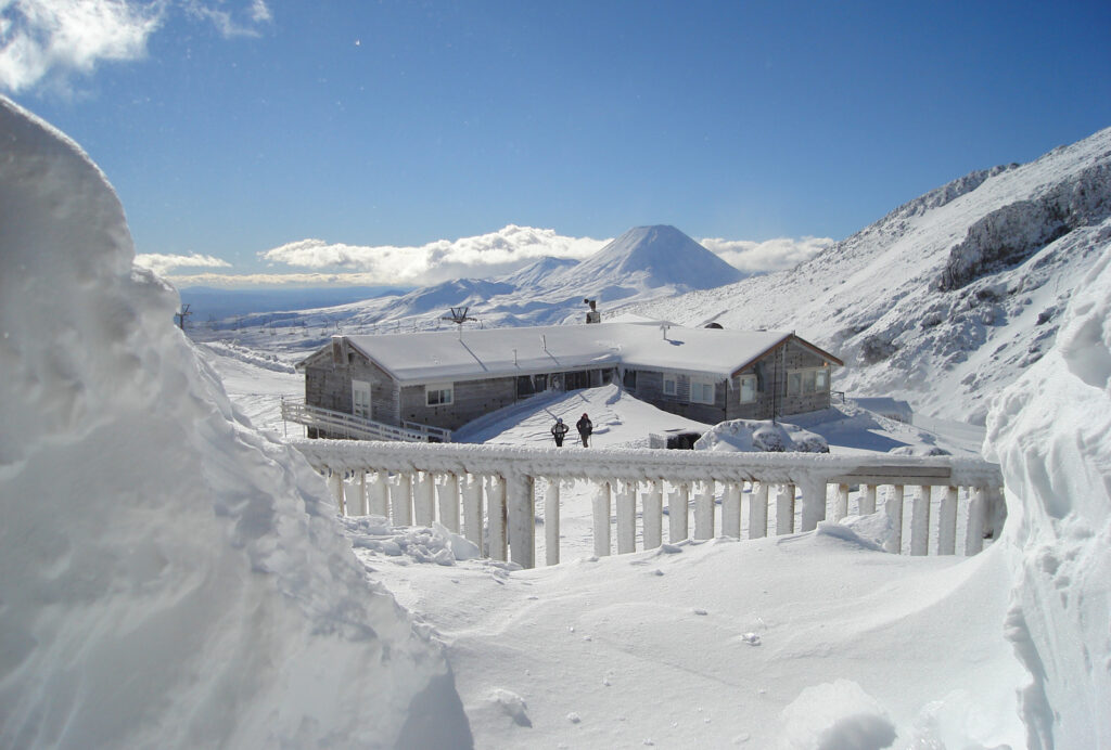 View of The Hut with Mt Ngauruhoe rising behind it