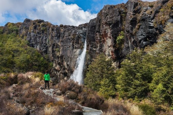 Hiker at the base of a waterfall on a summer walking track near Mt Ruapehu